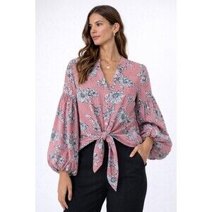 Haute Project Floral Striped Tie Front Blouse V-Neck Long Sleeve L Feminine Boho